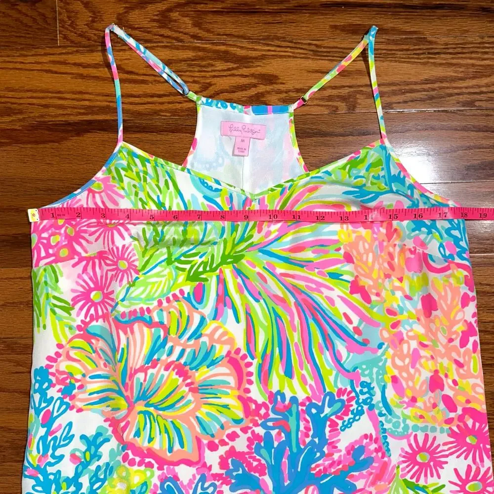 Lilly Pulitzer Dusk Colorful Neon ‘Lovers Coral’ Silk Mini Slip Dress Size M